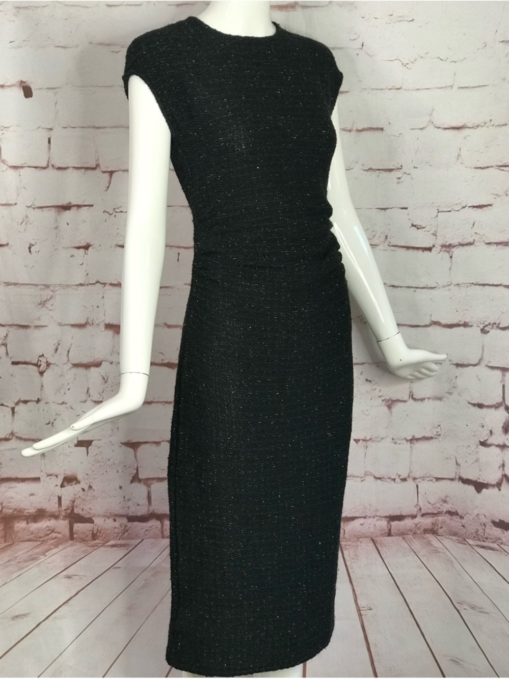 ZARA NWT Metallic Thread Midi Dress Size Small Black Knit Gold Blue Flecks NEW - Picture 2 of 16